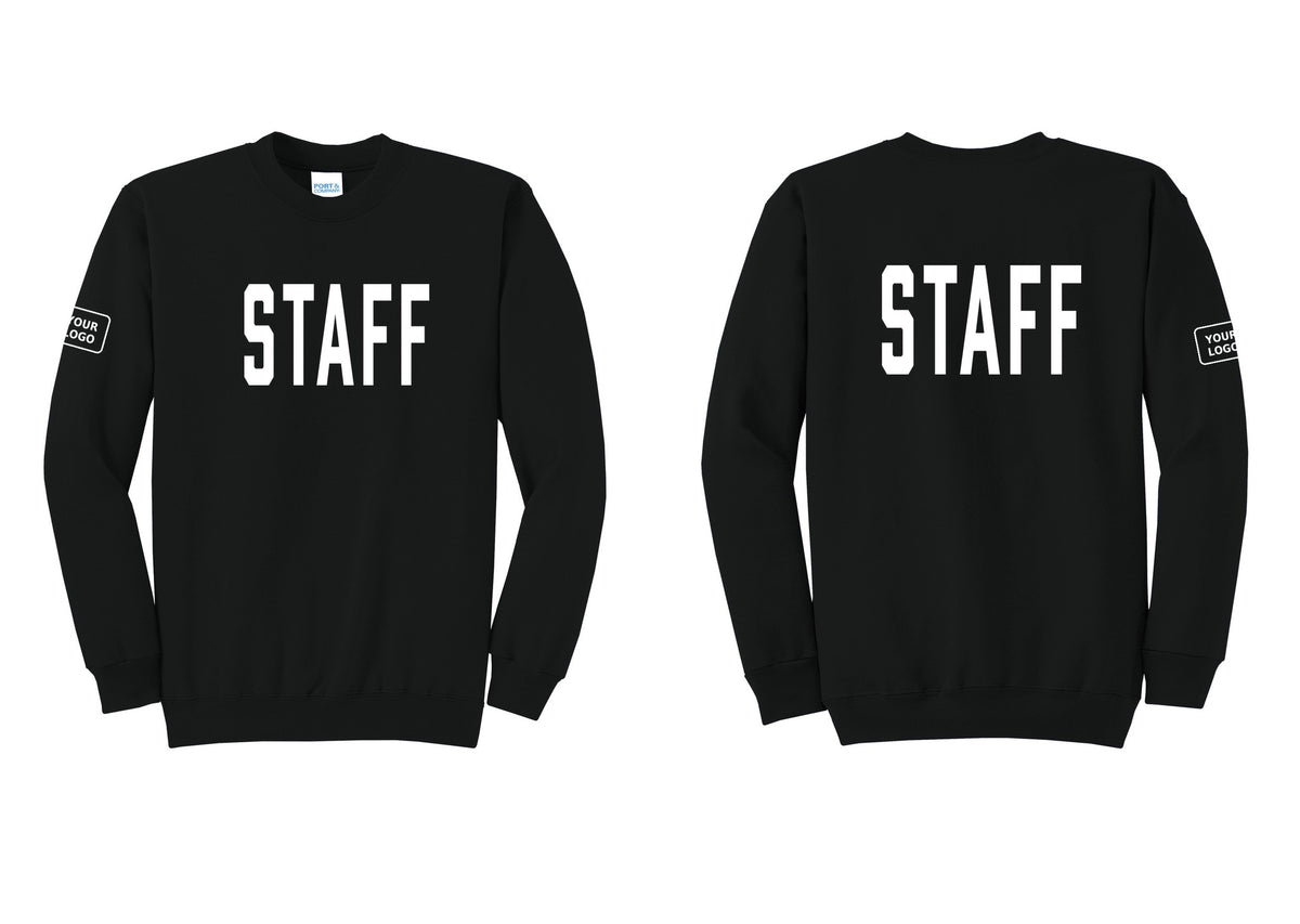 NYC Factory Custom Logo Staff Cotton Fleece Crewneck Sweatshirt (Classic) - Front + Back + Your Logo Sleeve - Black