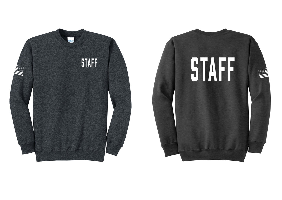 NYC Factory Staff Cotton Fleece Crewneck Sweatshirt (Classic) - Chest + Back + US Flag Sleeve - Dark Heather Grey
