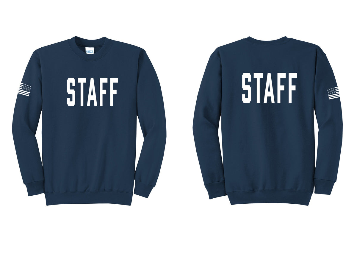 NYC Factory Staff Cotton Fleece Crewneck Sweatshirt (Classic) - Front + Back + US Flag Sleeve - Navy