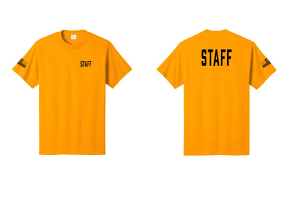 NYC Factory Staff T-Shirt, Condensed Lettering - Chest + Back + US Flag Sleeve - Gold