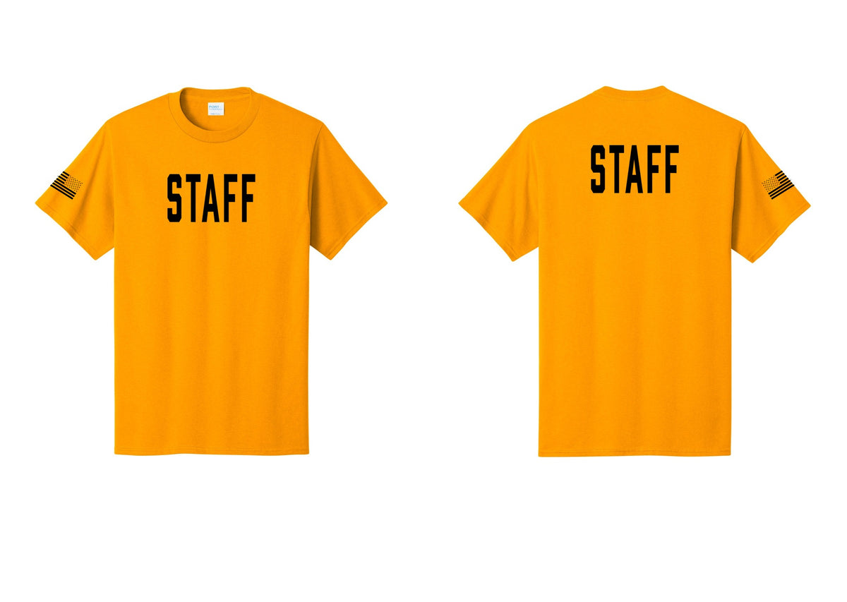 NYC Factory Staff T-Shirt, Condensed Lettering - Front + Back + US Flag Sleeve - Gold