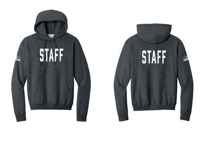 NYC Factory Staff Cotton Fleece Pullover Hoodie (Classic) - Front + Back + US Flag Sleeve - Dark Heather Grey