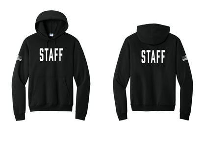 NYC Factory Staff Cotton Fleece Pullover Hoodie (Classic) - Front + Back + US Flag Sleeve - Black