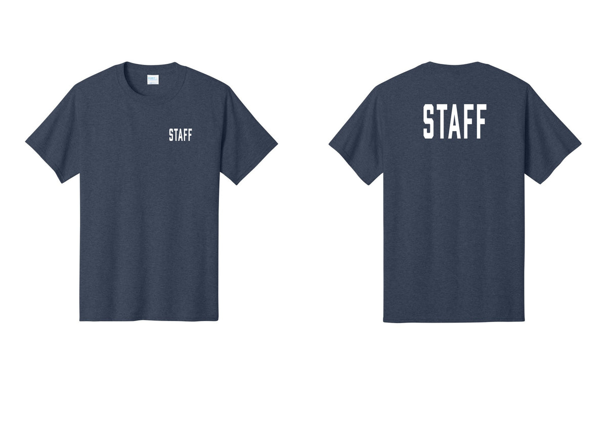 NYC Factory Staff T-Shirt, Condensed Lettering - Chest + Back - Heather Navy