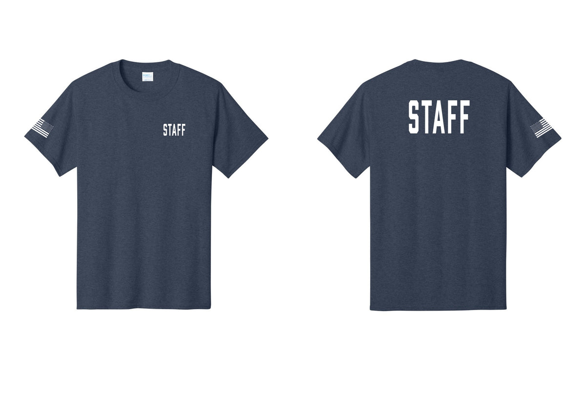 NYC Factory Staff T-Shirt, Condensed Lettering - Chest + Back + US Flag Sleeve - Heather Navy