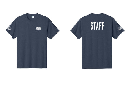 NYC Factory Staff T-Shirt, Condensed Lettering - Chest + Back + US Flag Sleeve - Heather Navy