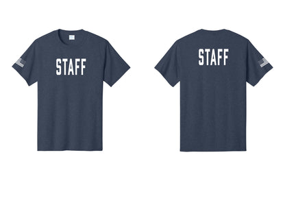NYC Factory Staff T-Shirt, Condensed Lettering - Front + Back + US Flag Sleeve - Heather Navy