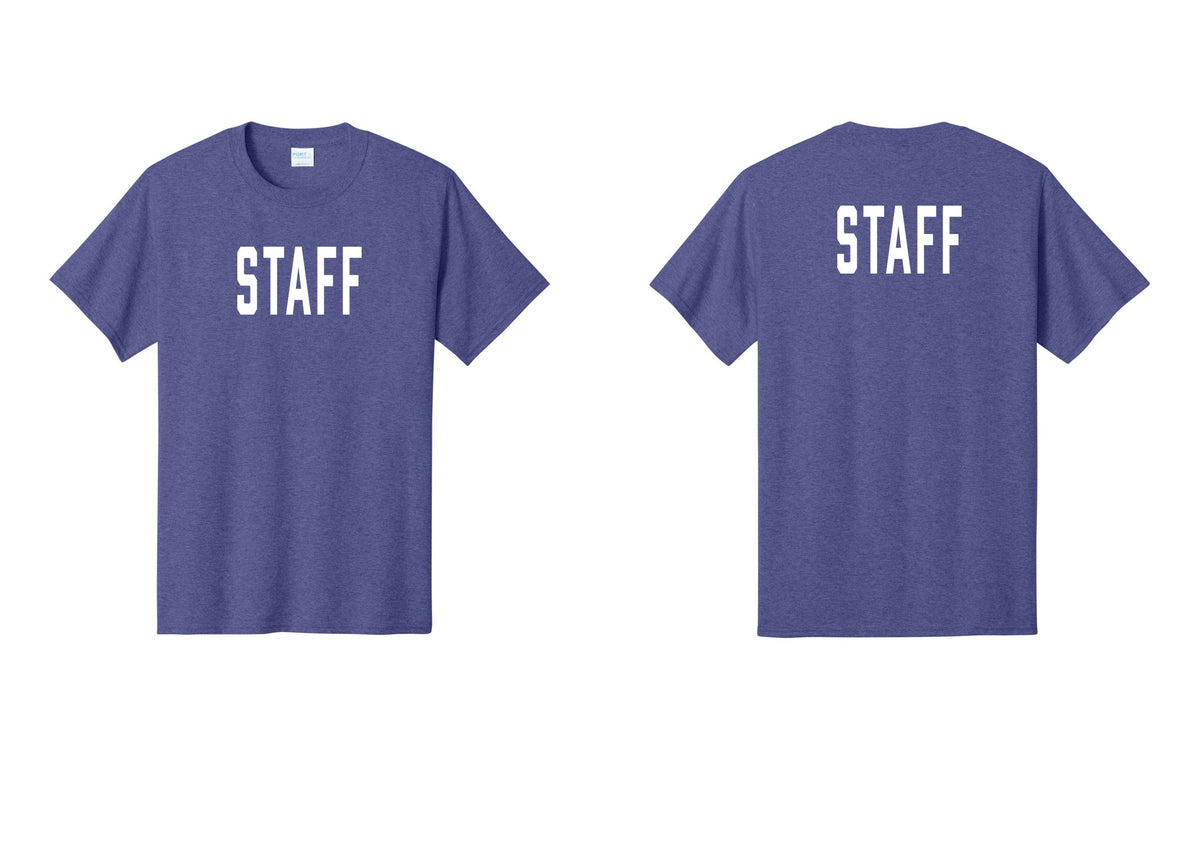 NYC Factory Staff T-Shirt, Condensed Lettering - Front + Back - Heather Purple