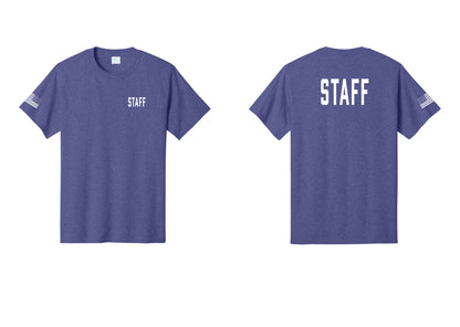 NYC Factory Staff T-Shirt, Condensed Lettering - Chest + Back + US Flag Sleeve - Heather Purple