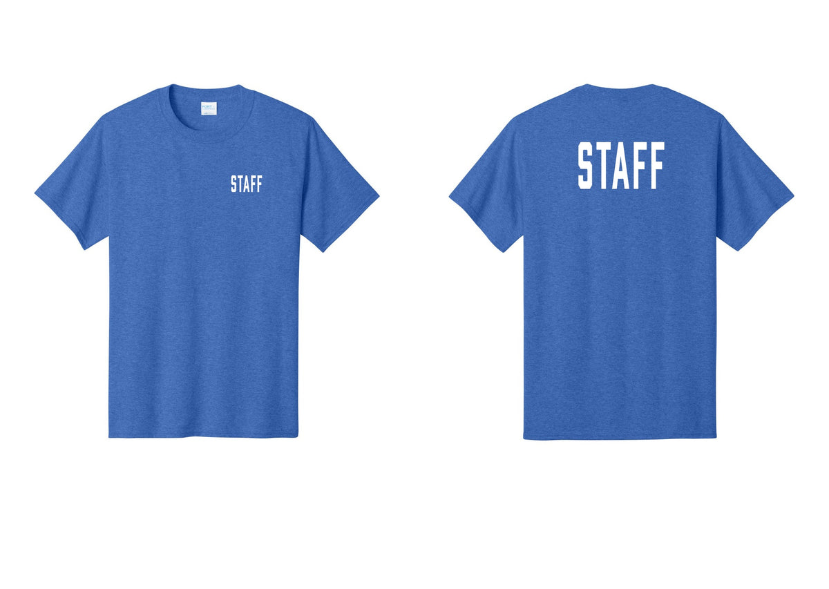 NYC Factory Staff T-Shirt, Condensed Lettering - Chest + Back - Heather Royal