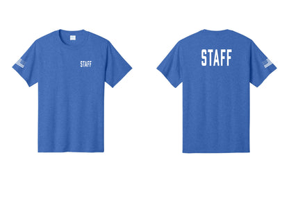 NYC Factory Staff T-Shirt, Condensed Lettering - Chest + Back + US Flag Sleeve - Heather Royal