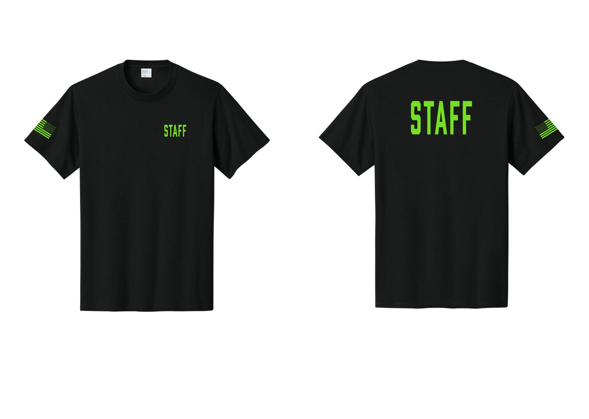 NYC Factory Staff T-Shirt, Condensed Lettering - Chest + Back + US Flag Sleeve - Black / Neon