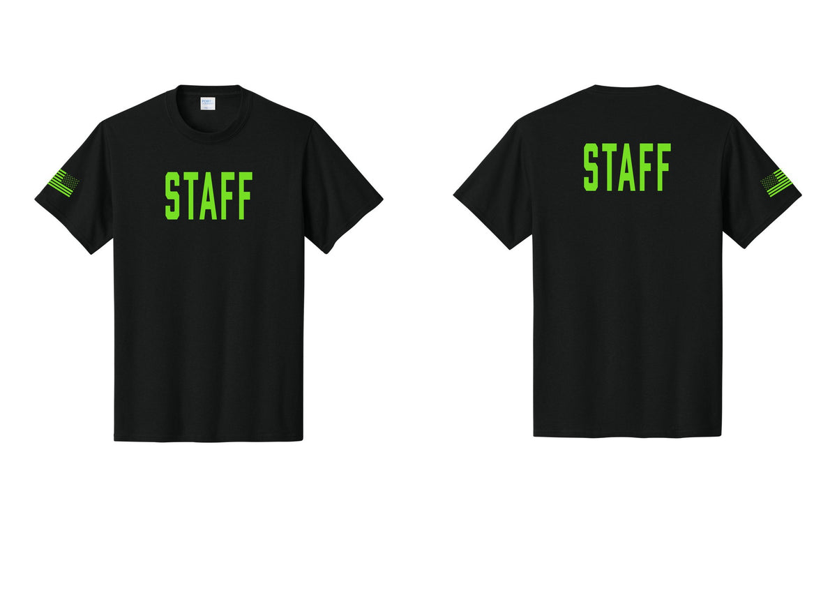 NYC Factory Staff T-Shirt, Condensed Lettering - Front + Back + US Flag Sleeve - Black / Neon