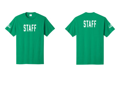 NYC Factory Staff T-Shirt, Condensed Lettering - Front + Back + US Flag Sleeve - Kelly