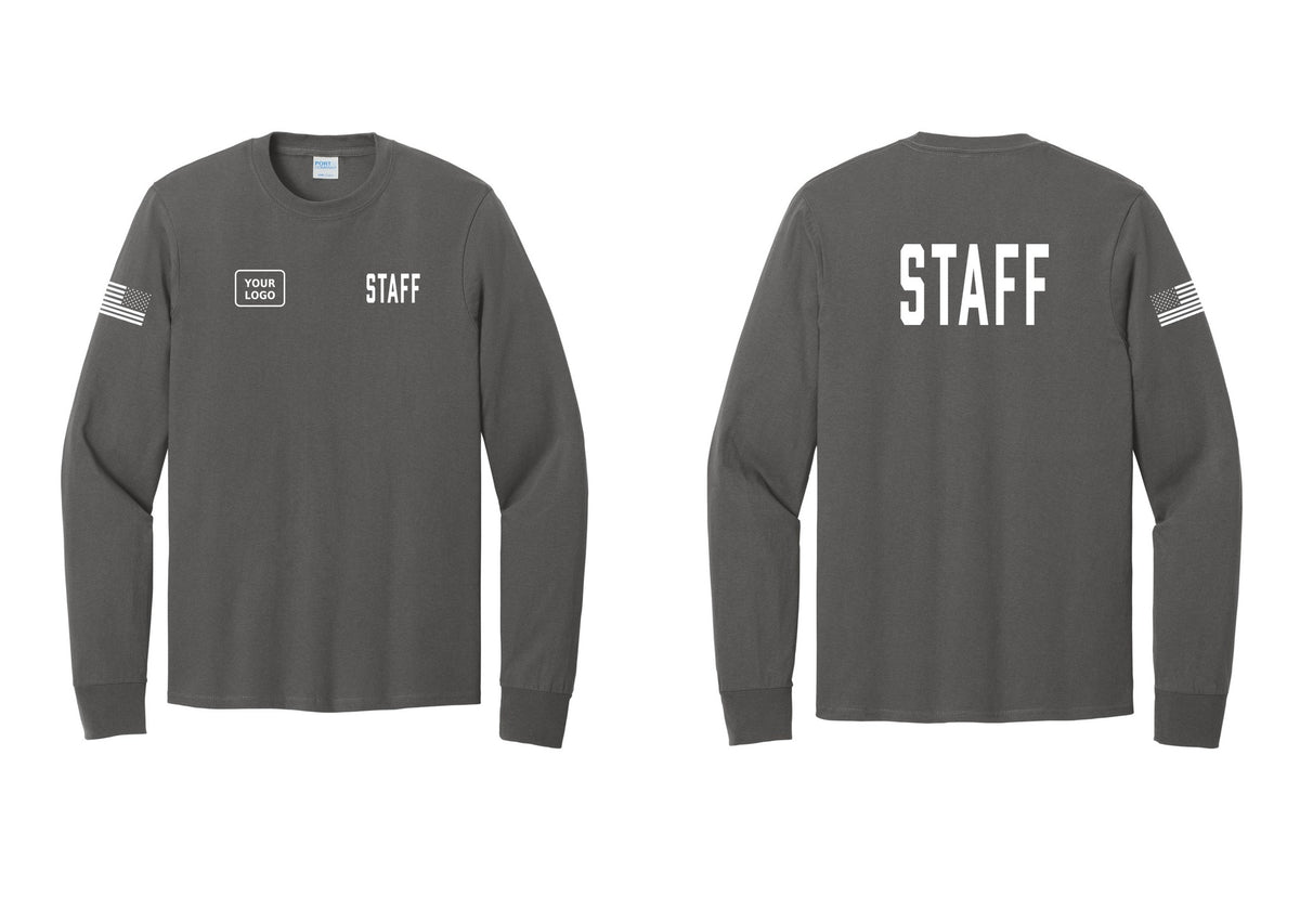 NYC Factory Custom Logo Staff Cotton Long Sleeve T-Shirt (Classic) - STAFF + Your Logo + Back + US Flag Sleeve - Charcoal