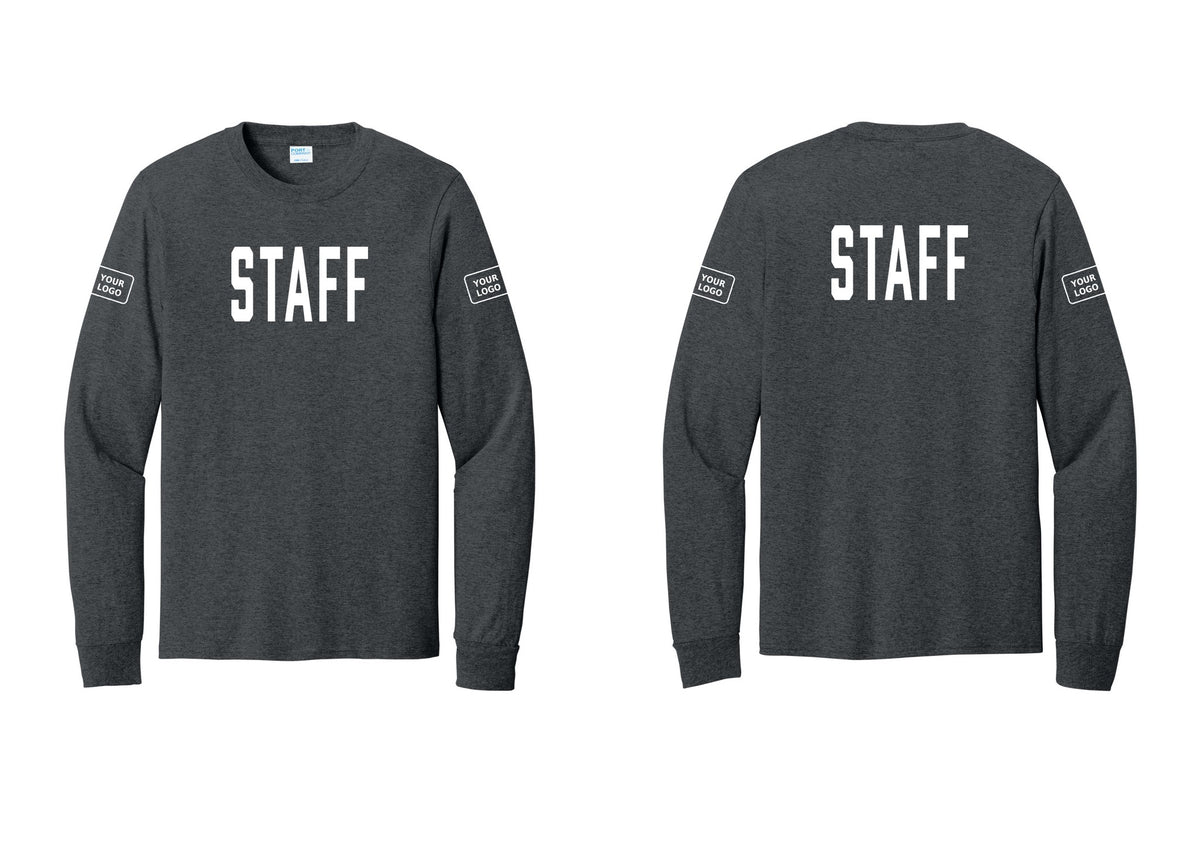 NYC Factory Custom Logo Staff Cotton Long Sleeve T-Shirt (Classic) - Front + Back + Your Logo Sleeves - Dark Heather Grey
