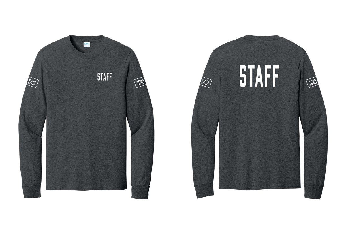 NYC Factory Custom Logo Staff Cotton Long Sleeve T-Shirt (Classic) - Chest + Back + Your Logo Sleeves - Dark Heather Grey