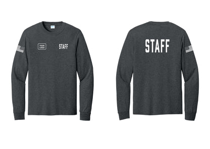NYC Factory Custom Logo Staff Cotton Long Sleeve T-Shirt (Classic) - STAFF + Your Logo + Back + US Flag Sleeve - Dark Heather Grey