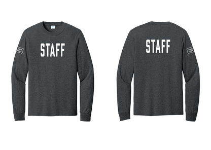 NYC Factory Custom Logo Staff Cotton Long Sleeve T-Shirt (Classic) - Front + Back + Your Logo Sleeve - Dark Heather Grey