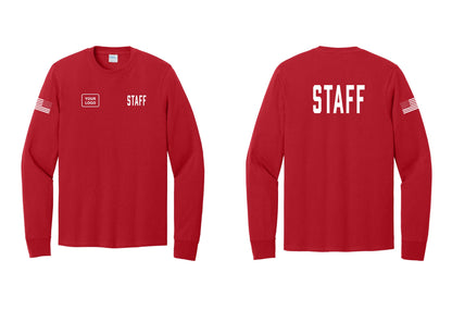NYC Factory Custom Logo Staff Cotton Long Sleeve T-Shirt (Classic) - STAFF + Your Logo + Back + US Flag Sleeve - Red