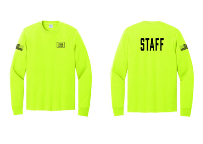 NYC Factory Custom Logo Staff Cotton Long Sleeve T-Shirt (Classic) - Your Logo + Back + US Flag Sleeve - Safety Green
