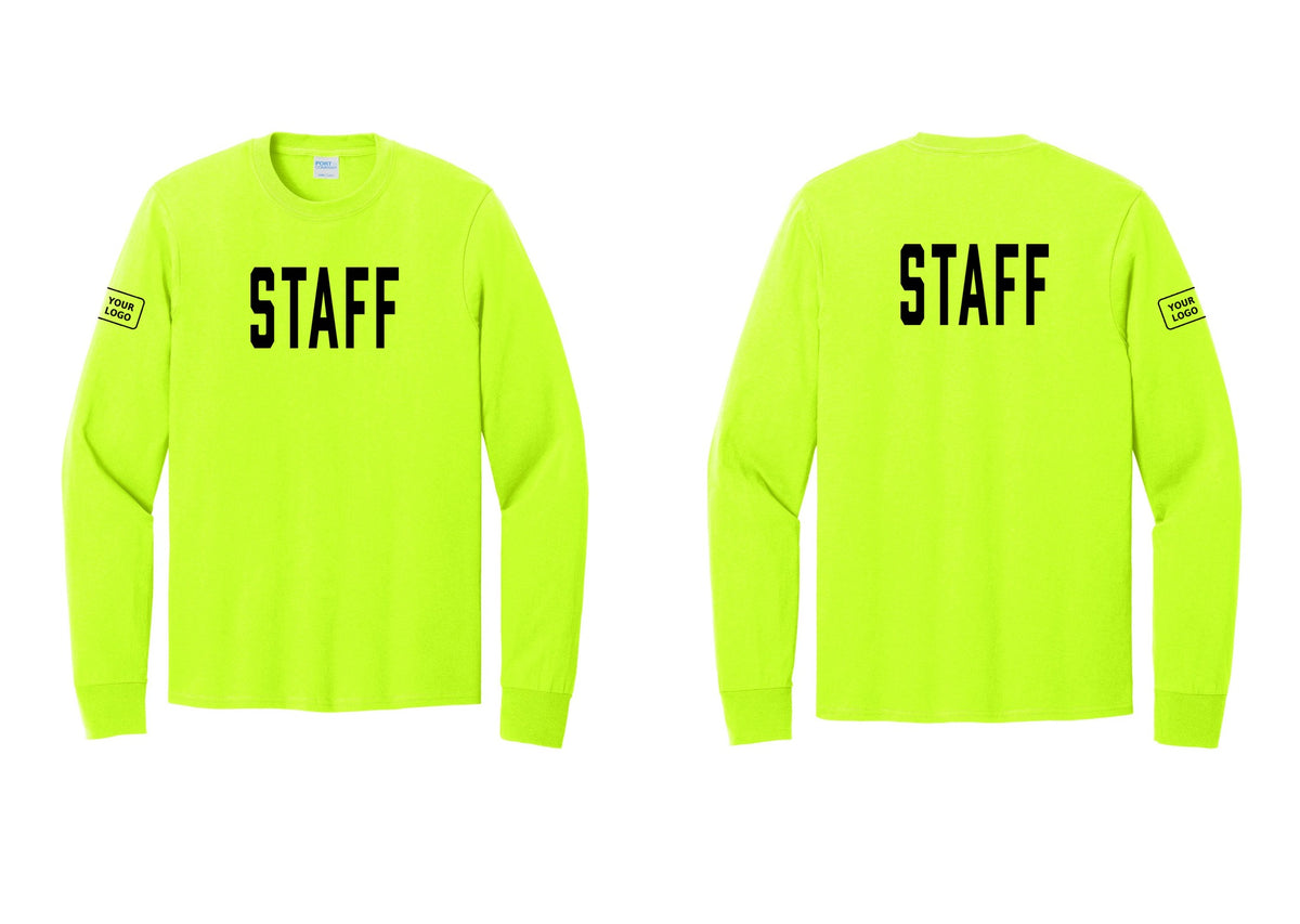 NYC Factory Custom Logo Staff Cotton Long Sleeve T-Shirt (Classic) - Front + Back + Your Logo Sleeve - Safety Green