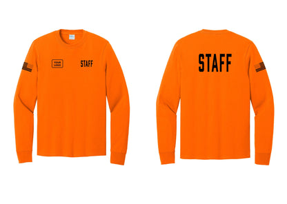 NYC Factory Custom Logo Staff Cotton Long Sleeve T-Shirt (Classic) - STAFF + Your Logo + Back + US Flag Sleeve - Safety Orange