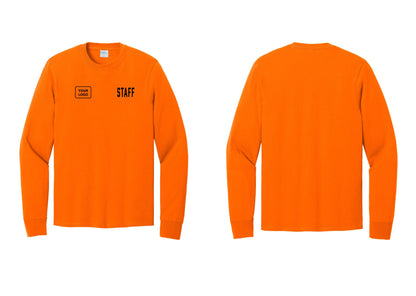 NYC Factory Custom Logo Staff Cotton Long Sleeve T-Shirt (Classic) - STAFF + Your Logo - Safety Orange