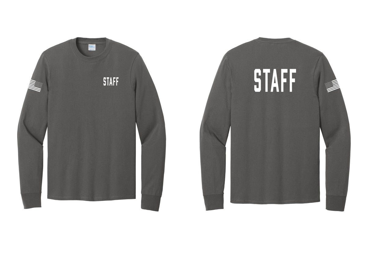 NYC Factory Staff Cotton Long Sleeve T-Shirt (Classic) - Chest + Back + US Flag Sleeve - Charcoal