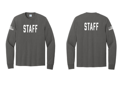 NYC Factory Staff Cotton Long Sleeve T-Shirt (Classic) - Front + Back + US Flag Sleeve - Charcoal