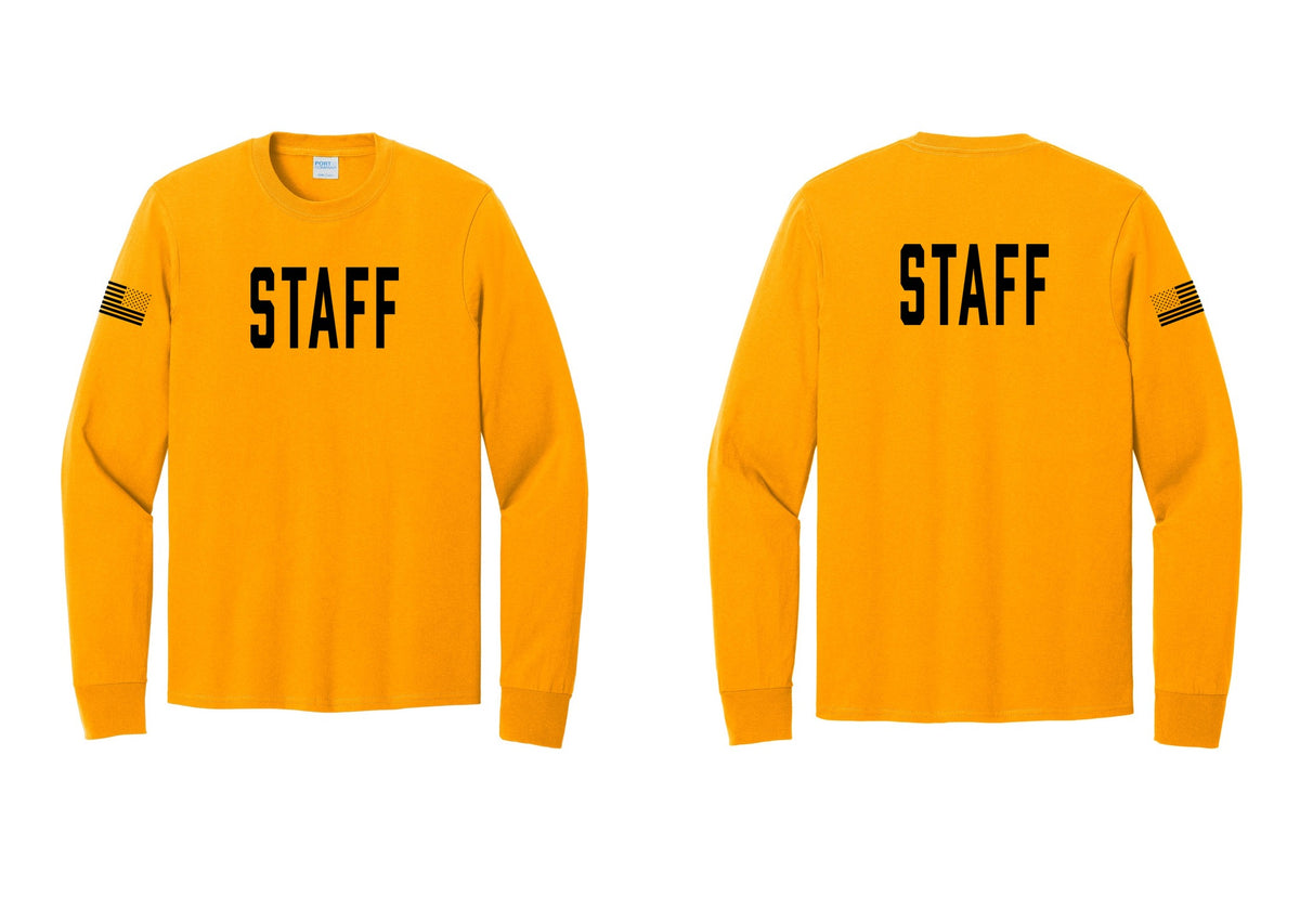 NYC Factory Staff Cotton Long Sleeve T-Shirt (Classic) - Front + Back + US Flag Sleeve - Gold