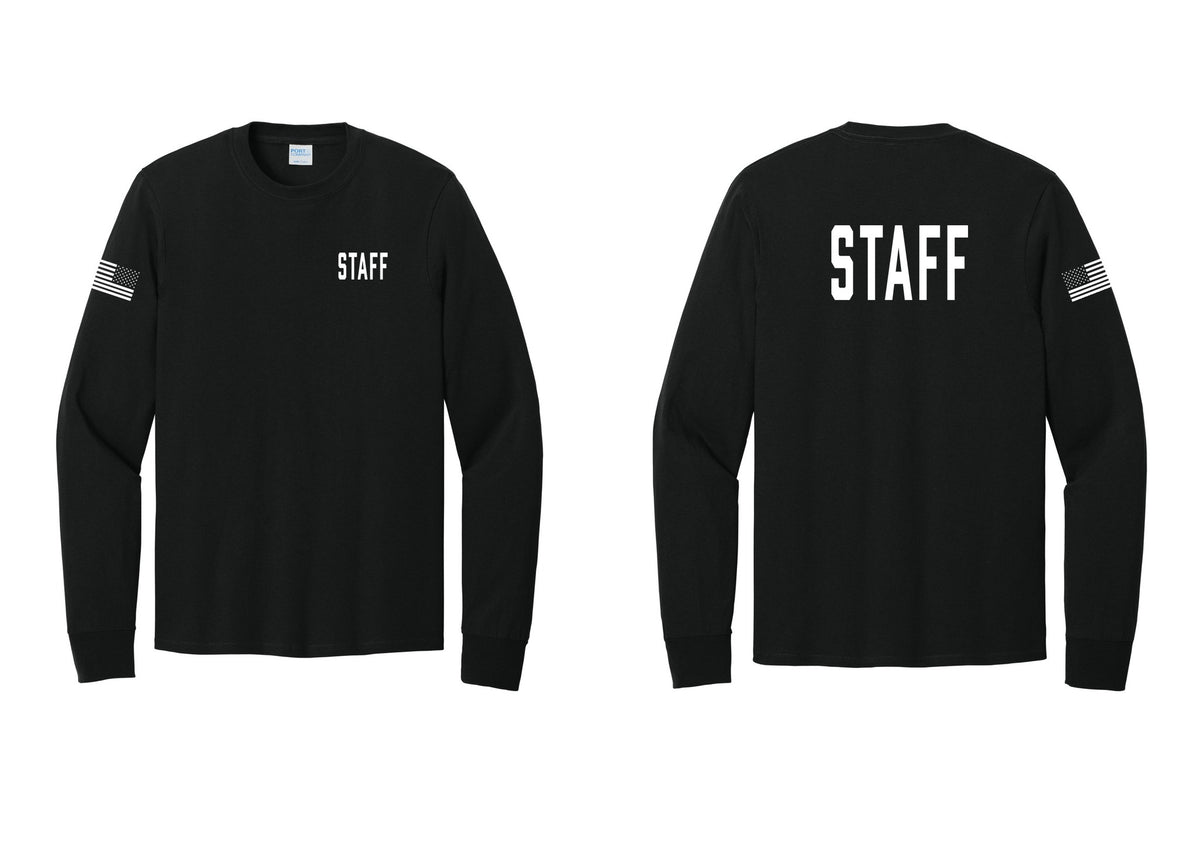 NYC Factory Staff Cotton Long Sleeve T-Shirt (Classic) - Chest + Back + US Flag Sleeve - Black