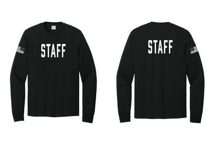 NYC Factory Staff Cotton Long Sleeve T-Shirt (Classic) - Front + Back + US Flag Sleeve - Black