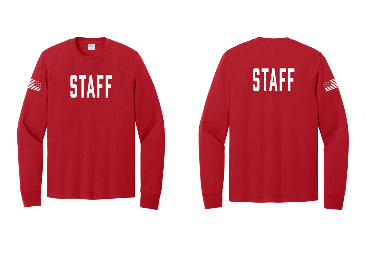 NYC Factory Staff Cotton Long Sleeve T-Shirt (Classic) - Front + Back + US Flag Sleeve - Red
