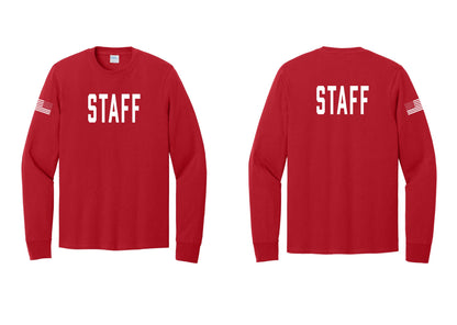 NYC Factory Staff Cotton Long Sleeve T-Shirt (Classic) - Front + Back + US Flag Sleeve - Red