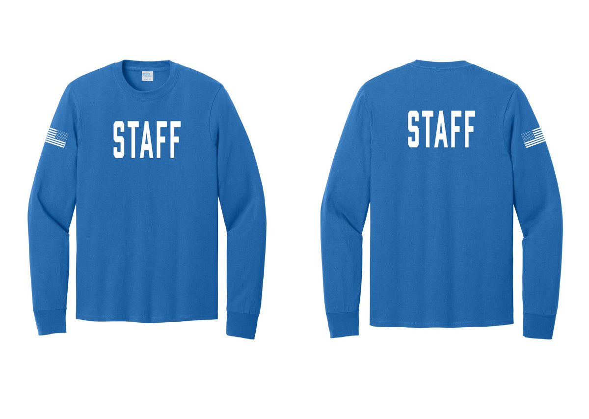 NYC Factory Staff Cotton Long Sleeve T-Shirt (Classic) - Front + Back + US Flag Sleeve - Royal
