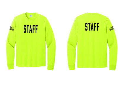 NYC Factory Staff Cotton Long Sleeve T-Shirt (Classic) - Front + Back + US Flag Sleeve - Safety Green