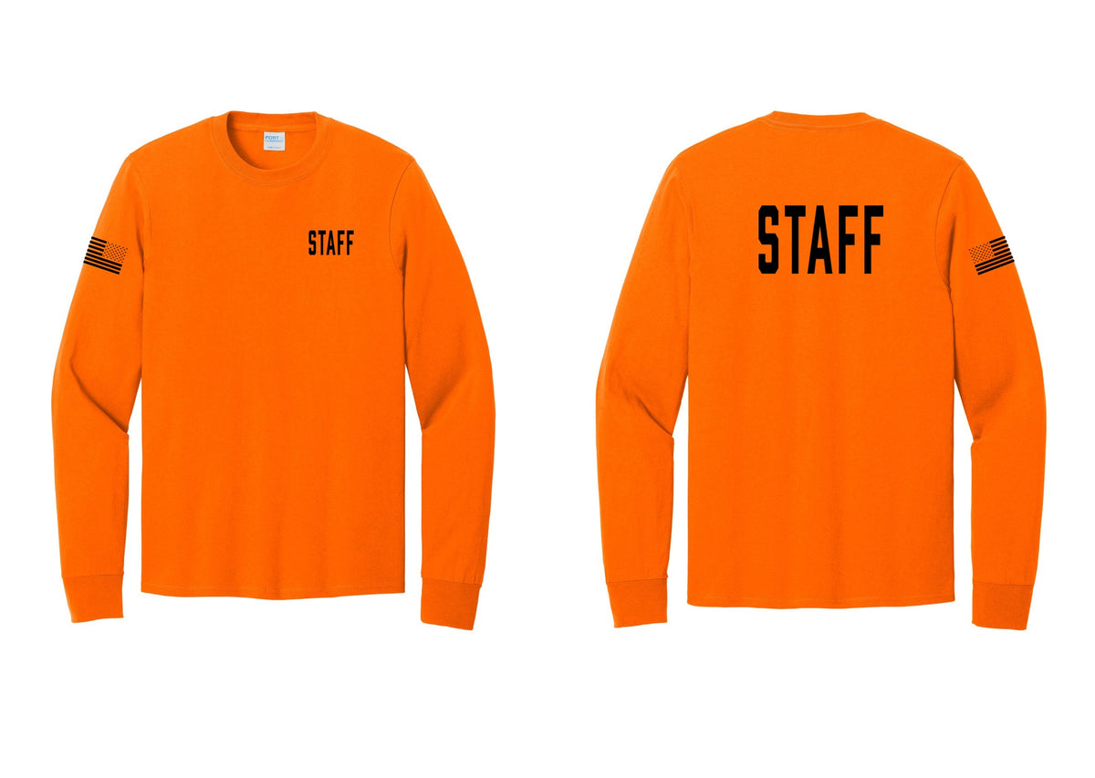 NYC Factory Staff Cotton Long Sleeve T-Shirt (Classic) - Chest + Back + US Flag Sleeve - Safety Orange