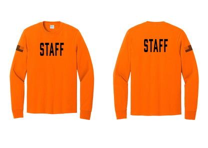 NYC Factory Staff Cotton Long Sleeve T-Shirt (Classic) - Front + Back + US Flag Sleeve - Safety Orange