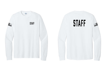 NYC Factory Staff Cotton Long Sleeve T-Shirt (Classic) - Chest + Back + US Flag Sleeve - White