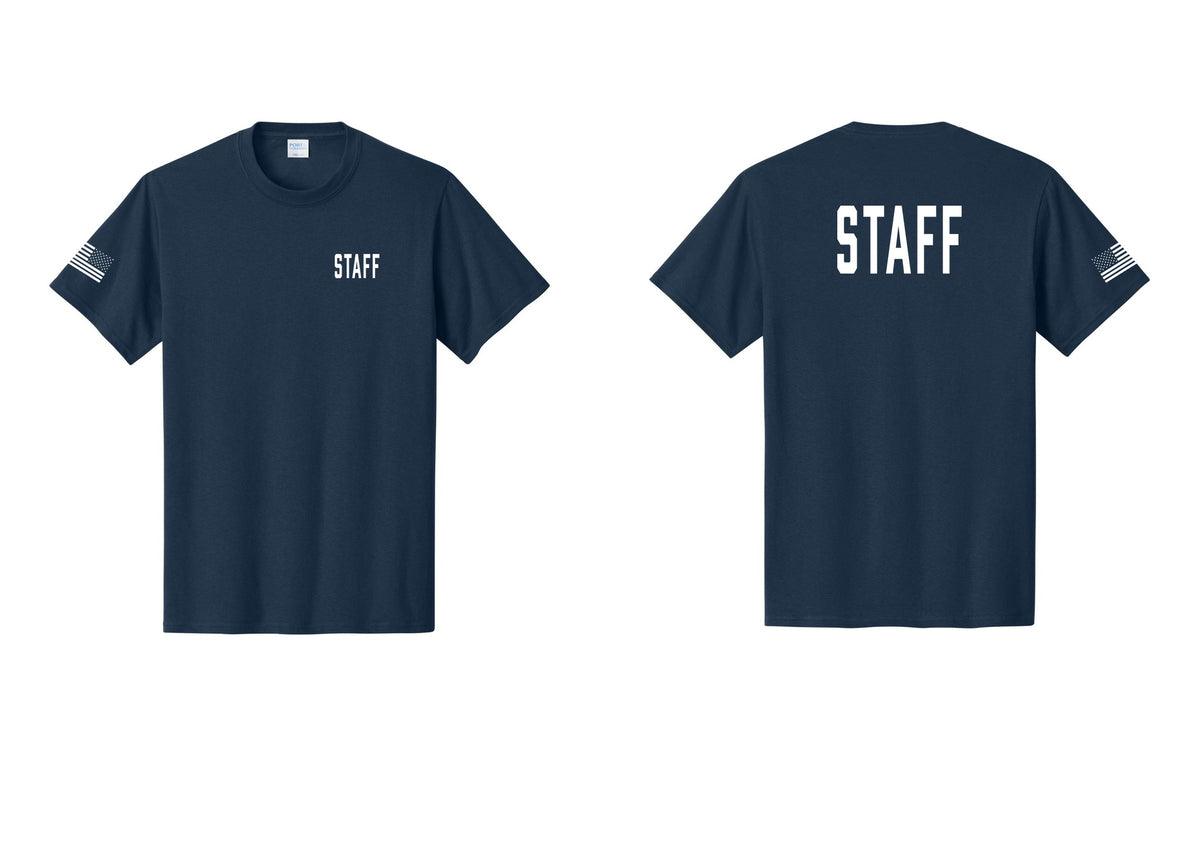 NYC Factory Staff T-Shirt, Condensed Lettering - Chest + Back + US Flag Sleeve - Navy