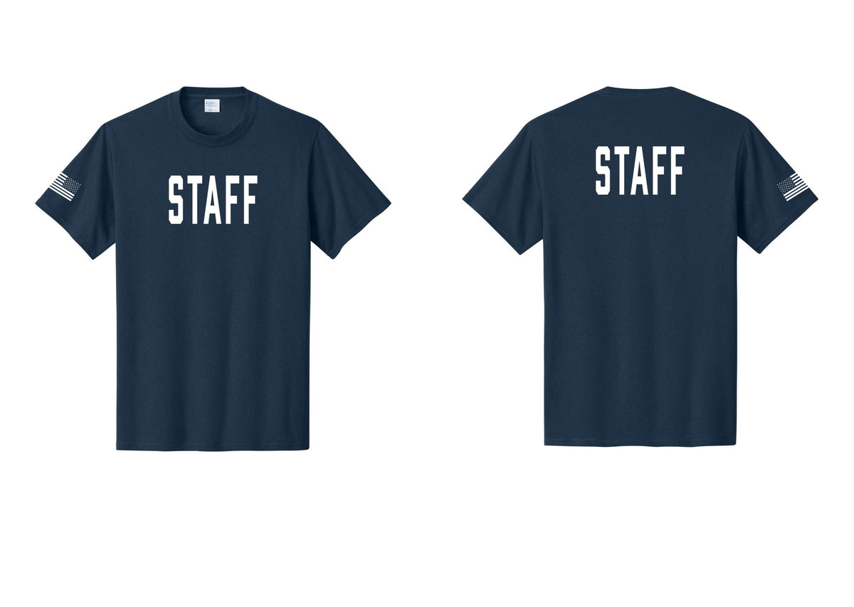 NYC Factory Staff T-Shirt, Condensed Lettering - Front + Back + US Flag Sleeve - Navy