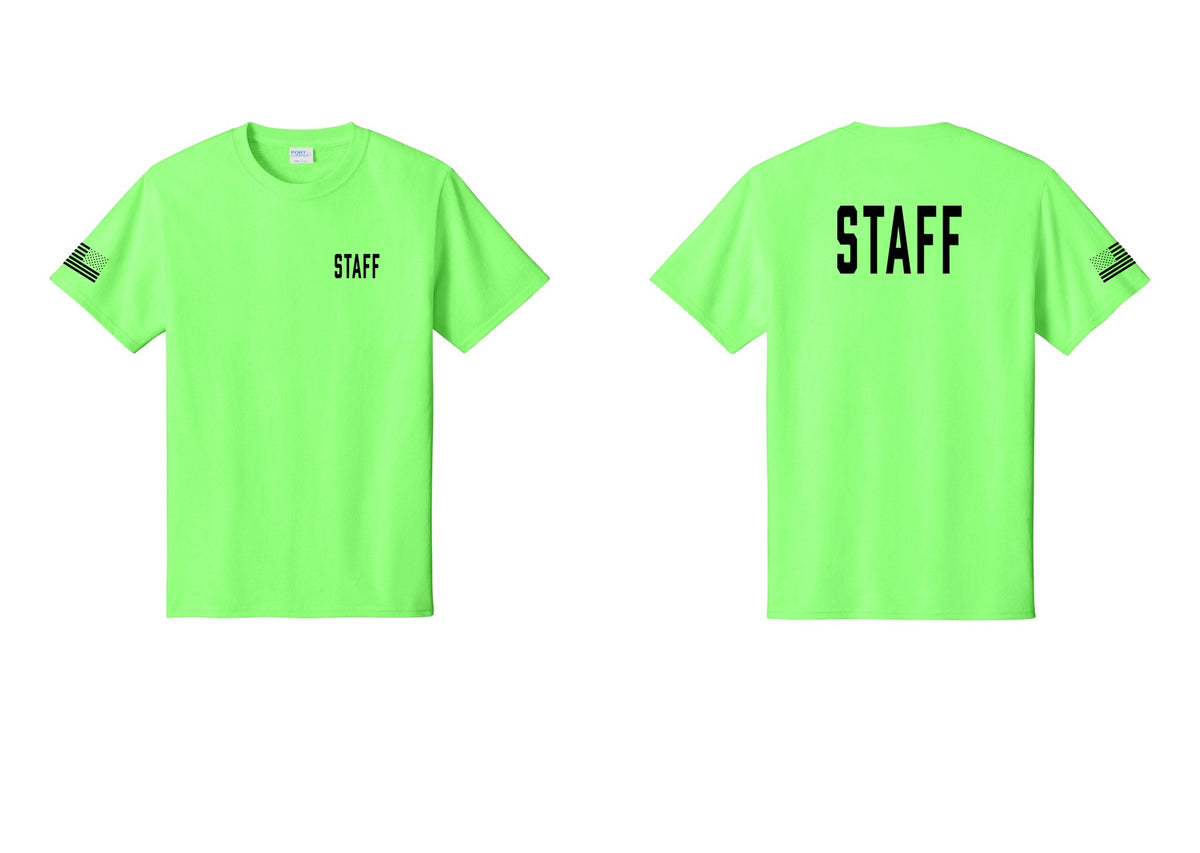 NYC Factory Staff T-Shirt, Condensed Lettering - Chest + Back + US Flag Sleeve - Neon Green