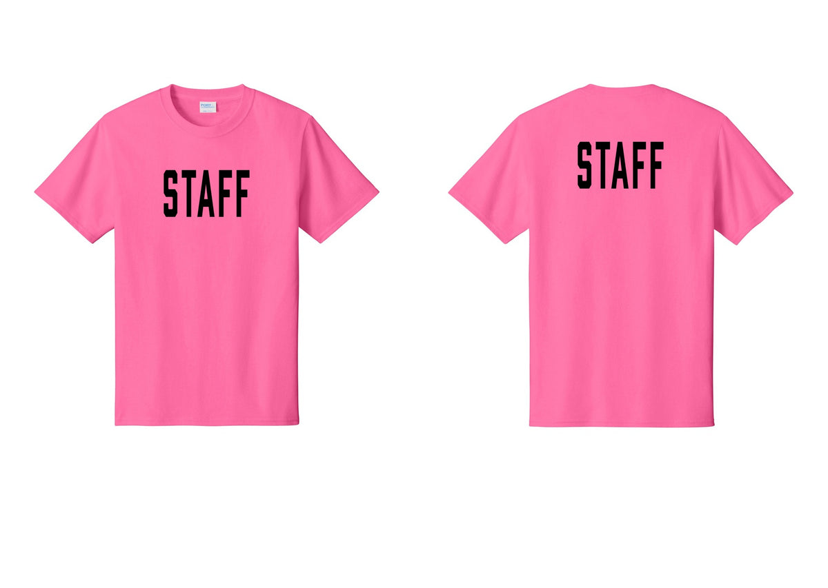 NYC Factory Staff T-Shirt, Condensed Lettering - Front + Back - Neon Pink