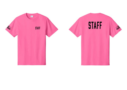 NYC Factory Staff T-Shirt, Condensed Lettering - Chest + Back + US Flag Sleeve - Neon Pink