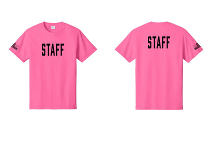 NYC Factory Staff T-Shirt, Condensed Lettering - Front + Back + US Flag Sleeve - Neon Pink