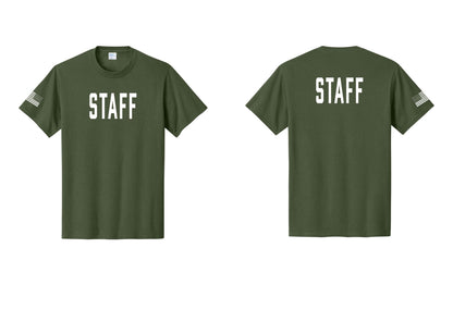NYC Factory Staff T-Shirt, Condensed Lettering - Front + Back + US Flag Sleeve - Olive