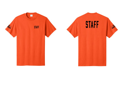 NYC Factory Staff T-Shirt, Condensed Lettering - Chest + Back + US Flag Sleeve - Orange