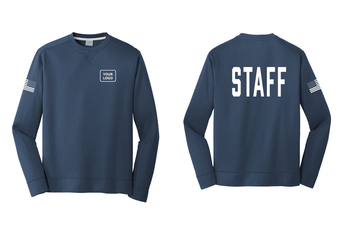 NYC Factory Custom Logo Staff Performance Fleece Crewneck Sweatshirt (Classic) - Your Logo + Back + US Flag Sleeve - Navy