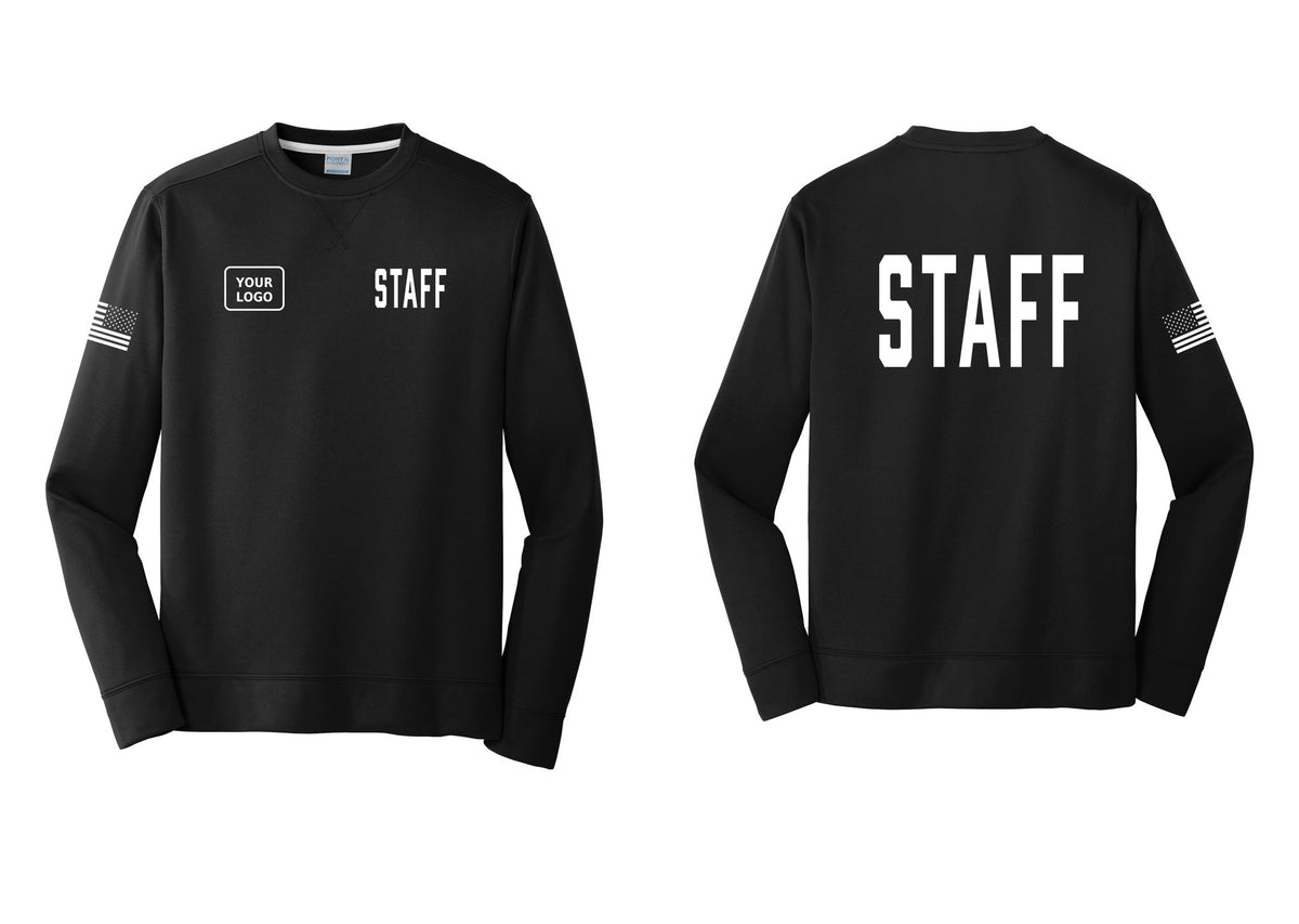 NYC Factory Custom Logo Staff Performance Fleece Crewneck Sweatshirt (Classic) - STAFF + Your Logo + Back + US Flag Sleeve - Black